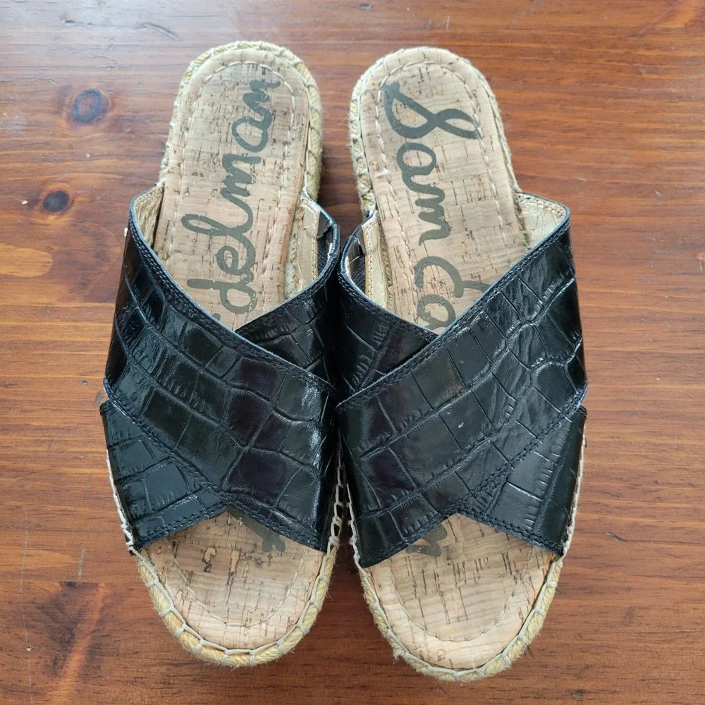 Sam Edelman NATTY Black Croc Embossed Leather Espadrille Platform‎ Slides 7.5M